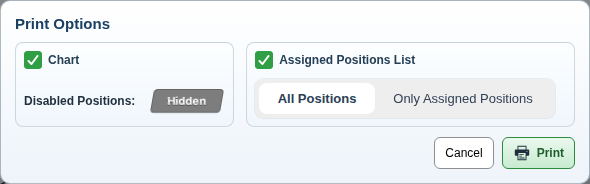 Print Options dialog with chart and assignment list controls
