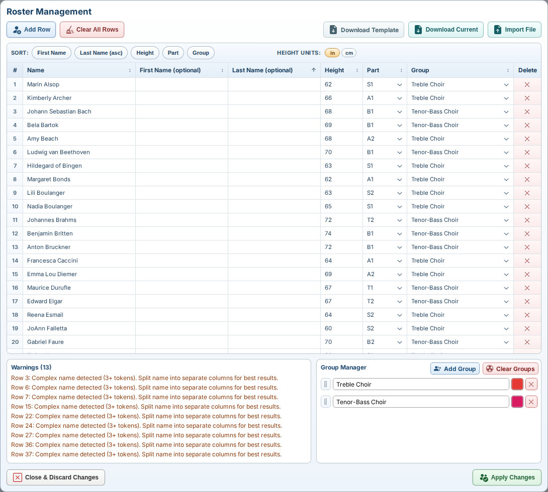 Roster Management dialog with table, warnings, and group manager